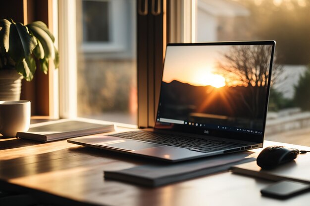 Zachód słońca w oknie laptopa