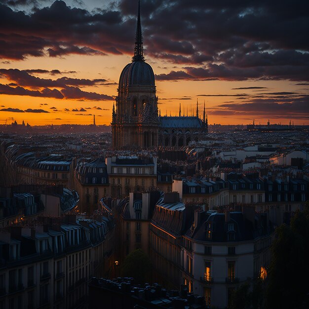 zachód słońca widok na la denfense w paryżu we francji