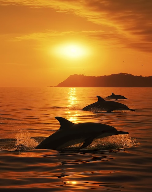 Zachód słońca z delfinami pływającymi w wodzie
