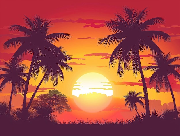 zachód słońca z drzewami palmowymi i zachodem słońca