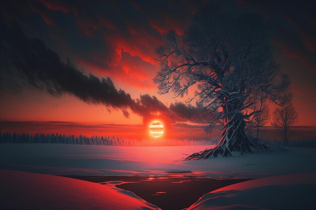 Zachód słońca z drzewem na pierwszym planie i czerwonym niebem z chmurami.