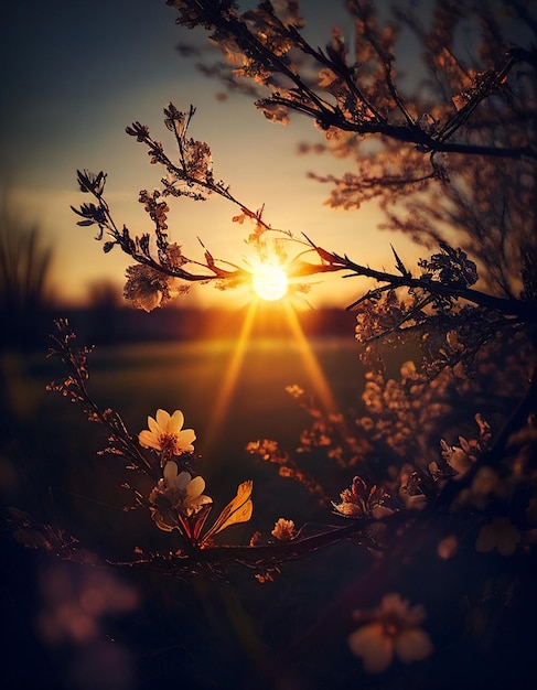 Zachód słońca z gałęzią drzewa i kwiatami