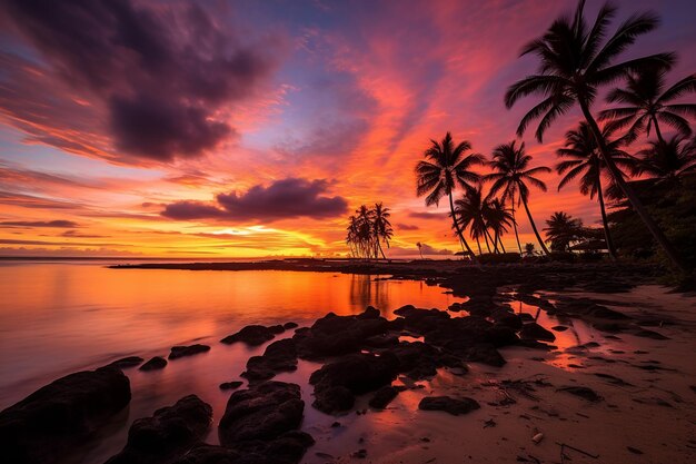 Zachód słońca z palmami i kolorowym niebem