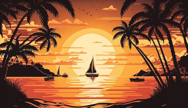 Zachód słońca z palmami i żaglówką na wodzie.