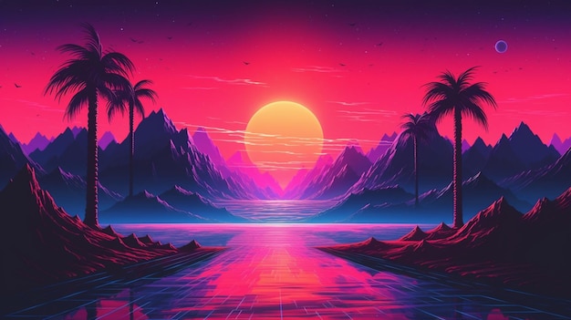 Zachód słońca z palmami na horyzoncie