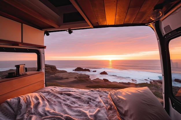 Zachód słońca z tyłu samochodu kempingowego z krajobrazem plaży Pojęcie natury i wolność na wakacjach