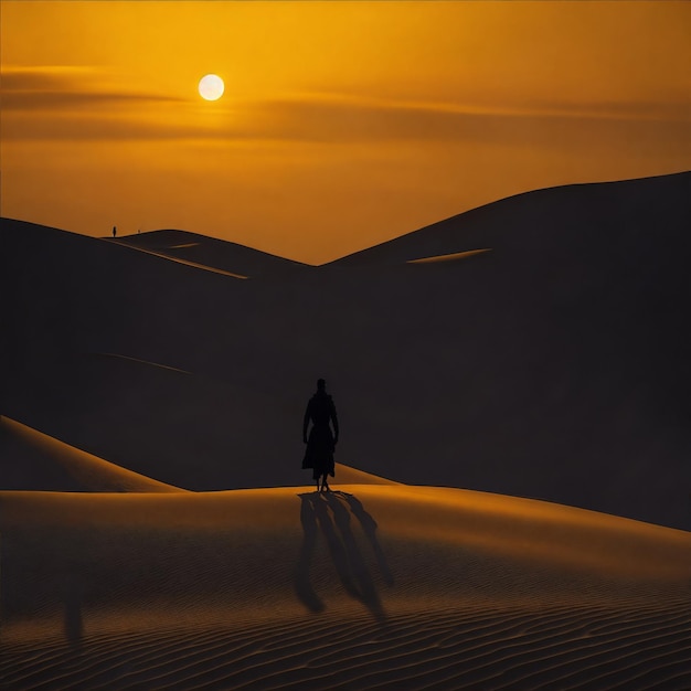 Zachód słońca z zagubionym człowiekiem na pustyni