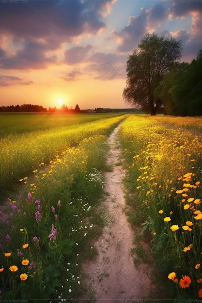 Zachód słońca ze ścieżką prowadzącą na pole kwiatów.