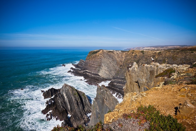 Zachodnia Portugalia Wybrzeże Oceanu. Klif i surfowanie. Winietowany strzał
