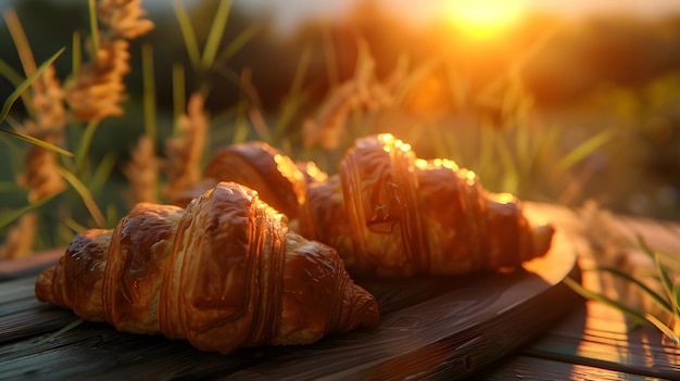 Zachody słońca ciepłe croissanty uściskają wzbogacają złotą skorupę Ai generowane