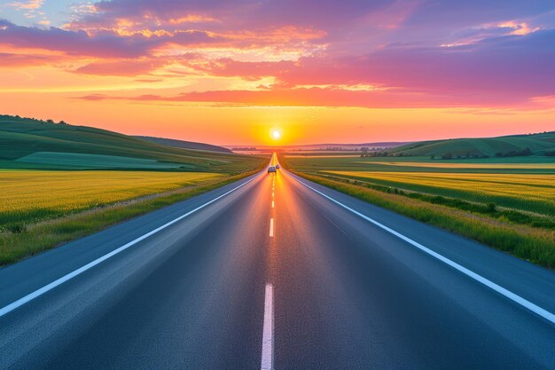 Zachodzące słońce oświetla wiejską autostradę