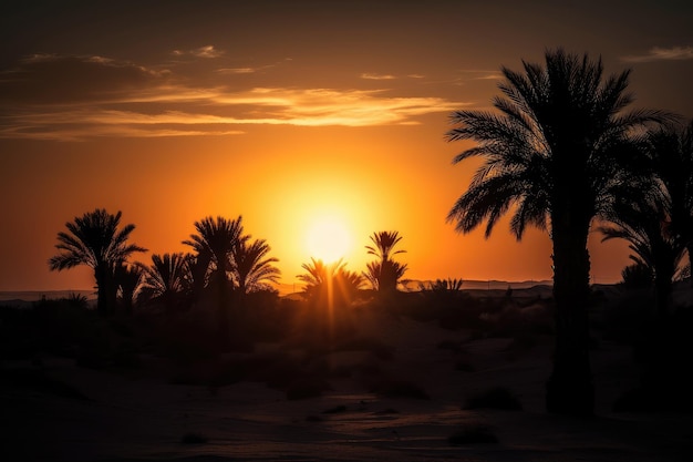 Zachodzące słońce za wysokimi wydmami z sylwetkowymi palmami na horyzoncie