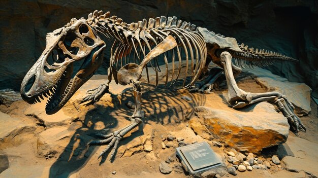 Zdjęcie zachowany szkielet młodego dinozaura. jego kości noszą ślady pożarstwa przez większych.