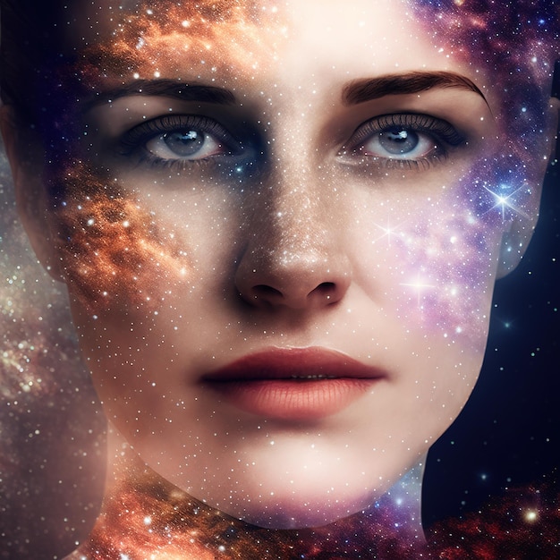 Zachwycająca psyche lub siła umysłu portret koncepcja kobiecej twarzy tekstura łączy się z jasnymi i błyszczącymi gwiazdami wszechświata i galaktyki rozległość kosmiczna ilustracja abstrakcyjna przez Generative AI