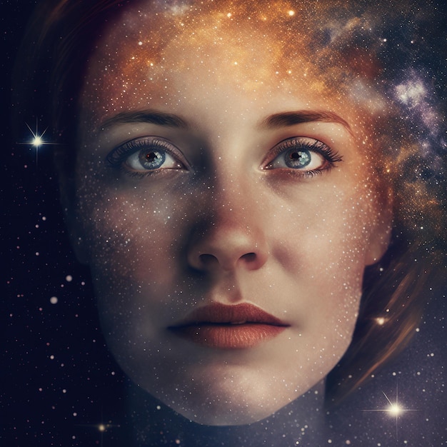 Zdjęcie zachwycająca psychika lub koncepcja portretu mocy umysłu kobiety tekstury twarzy łączą się z jasnymi i migoczącymi gwiazdami wszechświata i bezkresu galaktyki kosmiczną abstrakcyjną ilustracją autorstwa generative ai