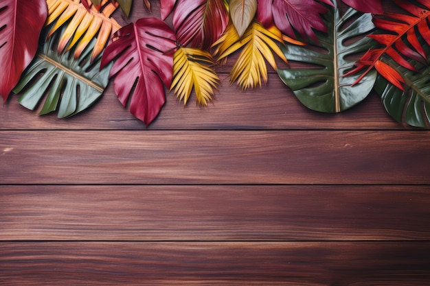 Zdjęcie zachwycające egzotyczne liście piękna ramka na drewnianym tle stosunek wymiarów 32