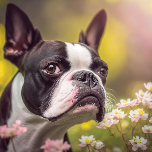 Zachwycający hiperrealistyczny cyfrowy portret na zewnątrz szczęśliwego psa boston terrier
