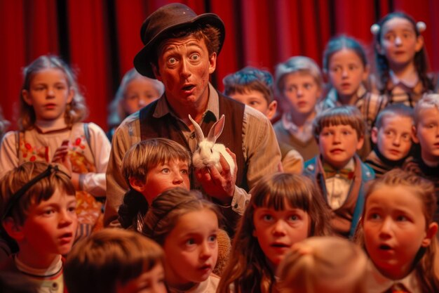 Zdjęcie zachwycający magik teatralny wykonuje sztuczkę z królikiem dla zdumionej publiczności dzieci w teatrze