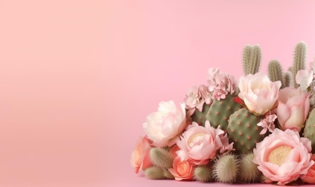 Zachwycający pokaz kwiatów i kaktusów łączący żywe kolory i formy na różowym AI Generative