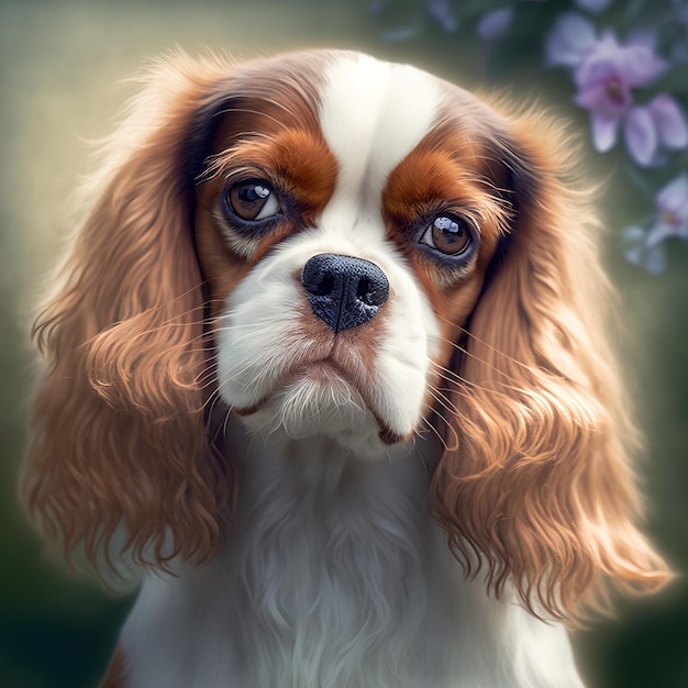 Zachwycający portret psa cavalier king charles w tle natury