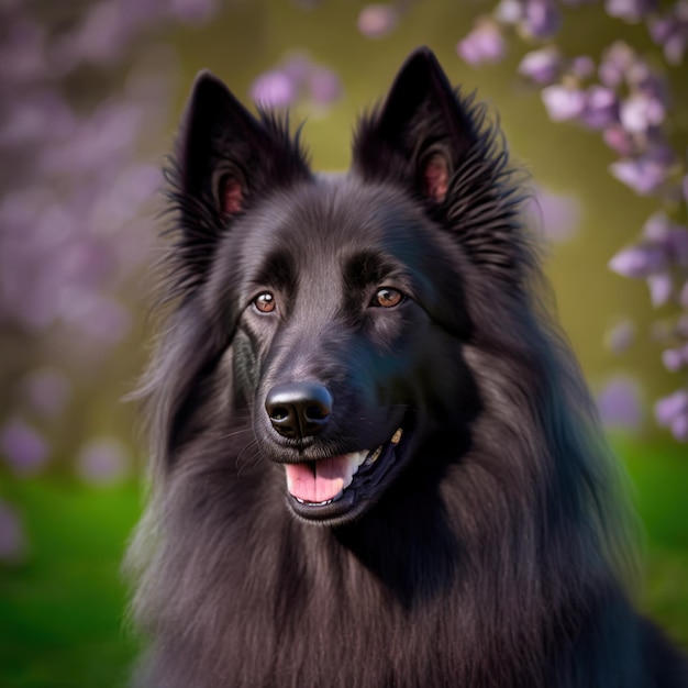 Zachwycający realistyczny portret czarnego psa groenendael w naturalnym plenerze