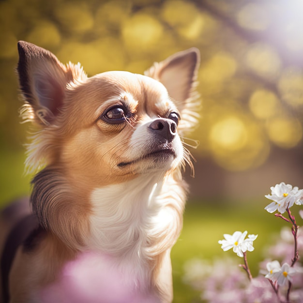 Zachwycający realistyczny portret psa chihuahua siedzącego w naturalnym plenerze