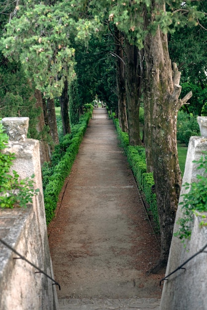 Zacieniony i przytulny zabytkowy ogród Villa Cimbrone w miejscowości Ravello w południowych Włoszech