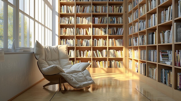 Zaciszny kącik do czytania z wygodnym krzesłem otoczony półkami z książkami zapewniającymi spokój