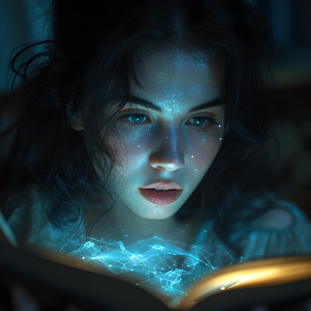 Zaczarowana młoda kobieta pochłonięta świecącą magiczną księgą nocą tajemniczą i marzycielską atmosferą AI