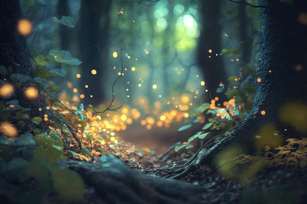 Zdjęcie zaczarowany krajobraz leśny z błyszczącymi liśćmi magiczna sztuczna inteligencja