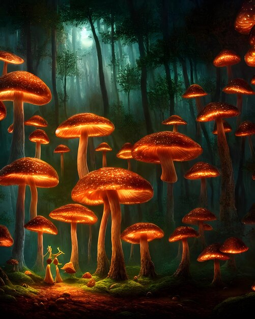 zaczarowany las nocą oświetlony świecącymi grzybami fantasy surrealizm ilustracja 3d