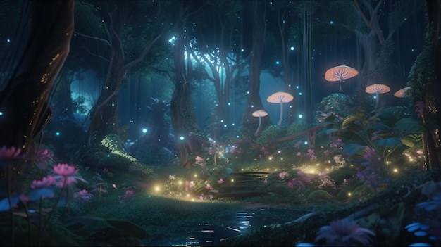 Zaczarowany las świeci z fairy lights ilustracja cyfrowa Generative AI