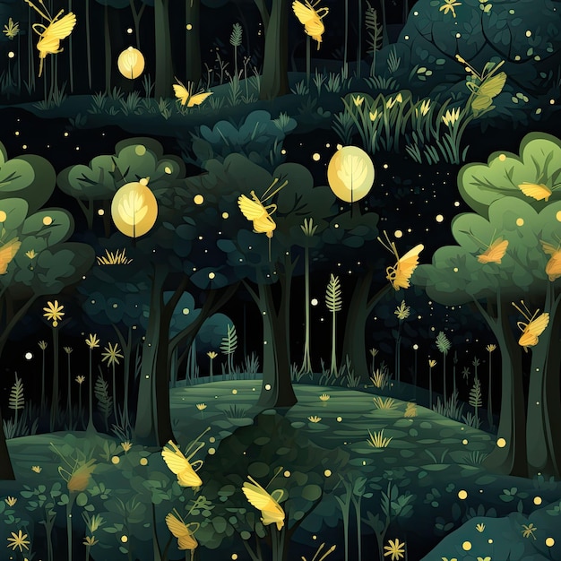 Zaczarowany las ze świecącymi świetlikami