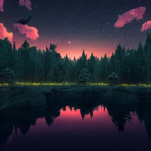 Zaczarowany magiczny las z jeziorem i świetlikami