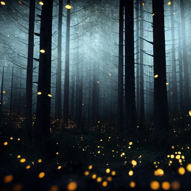 Zaczarowany magiczny las ze świetlikami lub piorunochronem