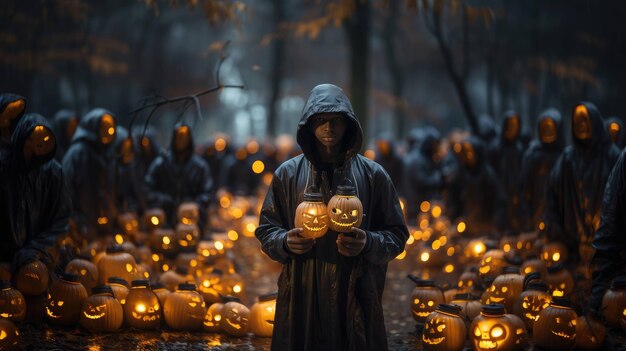 zaczarowany spacer nastolatka pośród cudów oświetlonych latarniami halloweenowymi