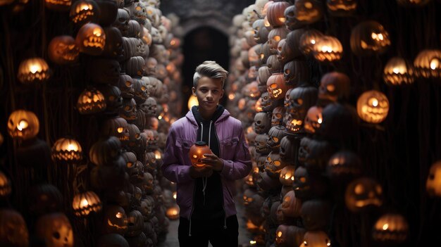 zaczarowany spacer nastolatka pośród cudów oświetlonych latarniami halloweenowymi