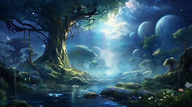 zaczarowany świat fantasy w mistycznym lesie ze starożytnym zamkiem