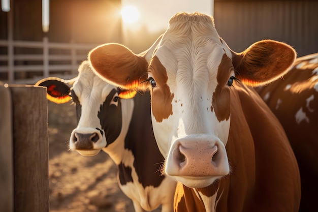 Zadbane krowy na niewyraźnym tle farmy