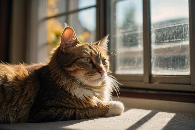 Zadowolony kot leżący w słonecznym oknie