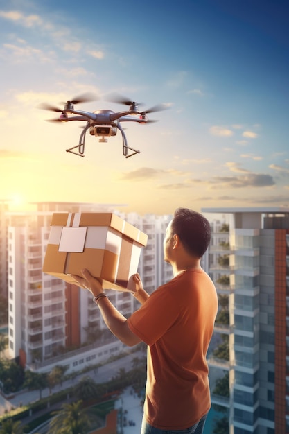 Zadowolony mężczyzna odebrał paczkę z zamówieniem za pomocą drona będąc na tarasie swojego dostawcy do domu