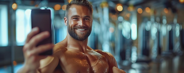 Zadowolony mężczyzna przyjmuje pozytywność ciała robiąc selfie przed treningiem Podróż fitness udokumentowana Koncepcja Transformacja fitness pozytywności ciała przed i po treningu Selfie