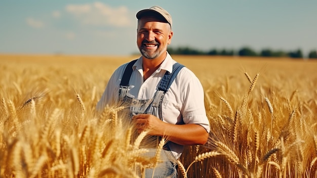 Zadowolony rolnik uśmiecha się na dojrzałym polu pszenicy