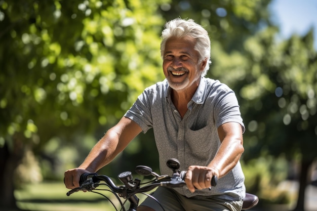 Zadowolony starszy mężczyzna jeżdżący na rowerze przez słoneczny park w czasie wolnym Generatywna sztuczna inteligencja