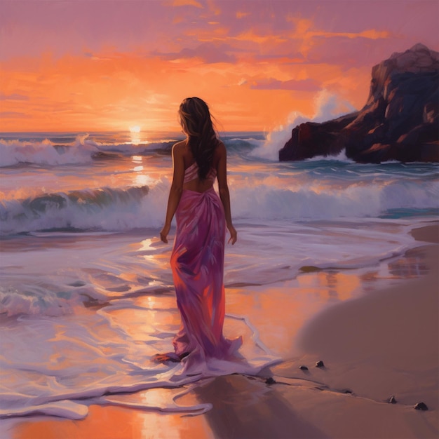 Zadziwiająca kobieta stoi na plaży i patrzy