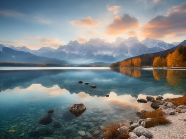 Zadziwiająca poranna scena jeziora Eibsee z pasmem górskim Zugspitze w tle