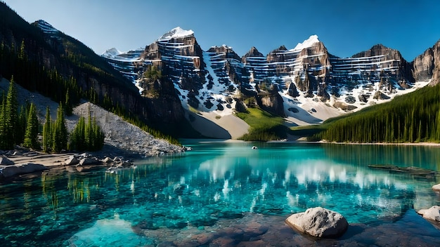 Zadziwiająco piękny krajobraz przyrody górskiego jeziora z turkusową, błyszczącą powierzchnią wody