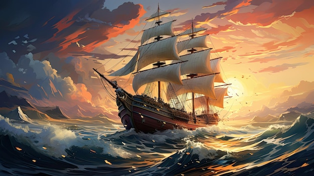 Żaglowiec na morzu o zachodzie słońca ilustracja kreskówka 3D