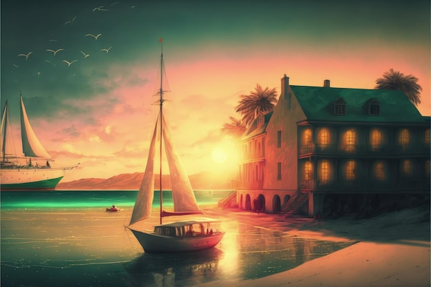 Żaglówka na plaży w pobliżu opuszczonych budynków na tle zachodu słońca Koncepcja fantasy Malowanie ilustracji Generatywna sztuczna inteligencja