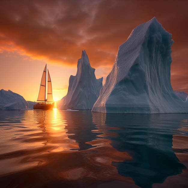 żaglówka pływająca przed górami lodowymi w oceanie o zachodzie słońca generatywnego ai